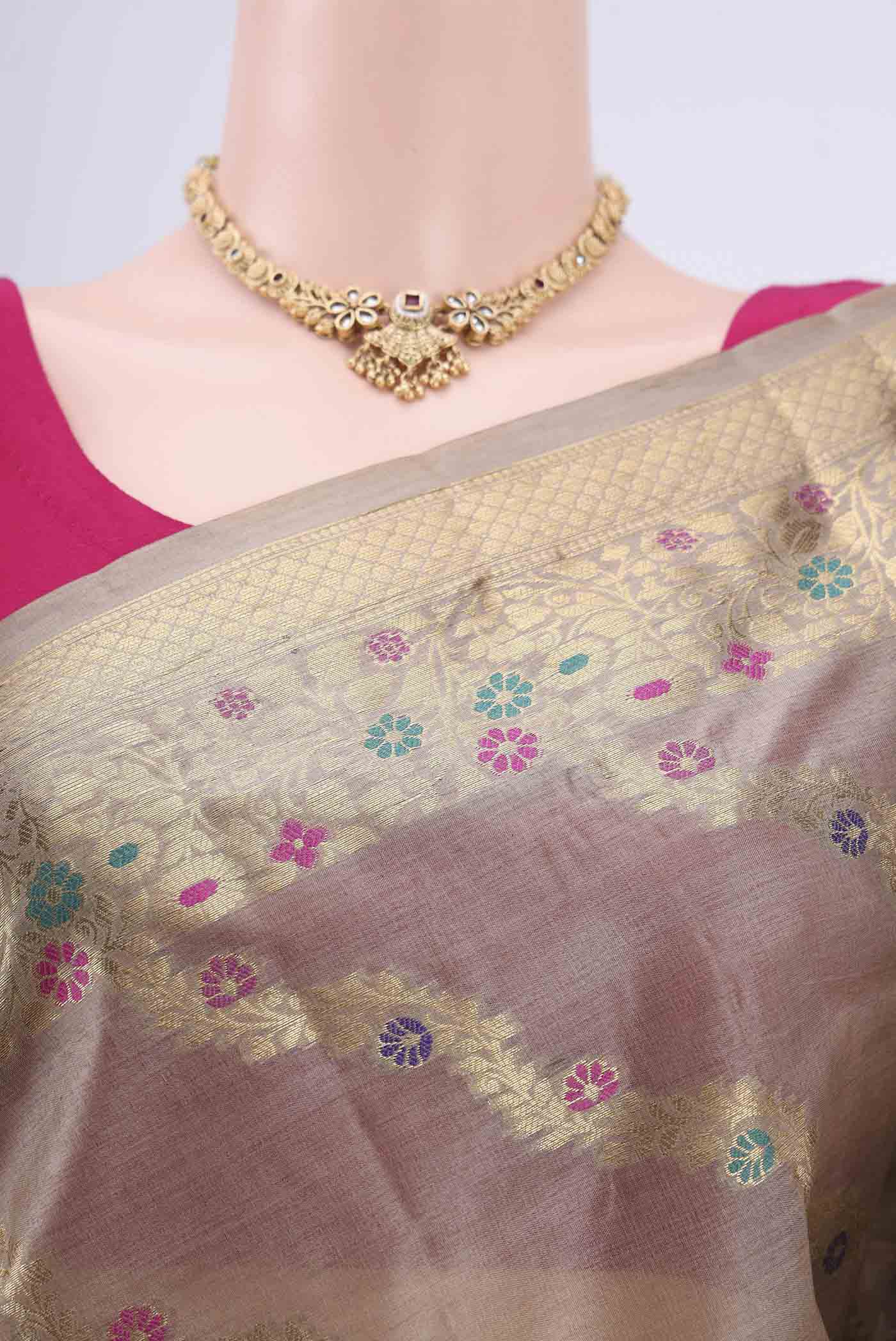 Border image of Dark Beige Banarasi Tussar Silk Saree with Zari Brocade on the body and Zari And Thread Border. 