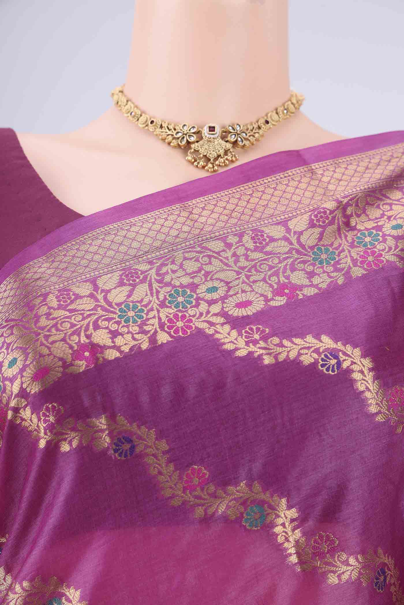 Border image of Magenta Banarasi Tussar Silk Saree with Zari Brocade on the body and Zari And Thread Border. 