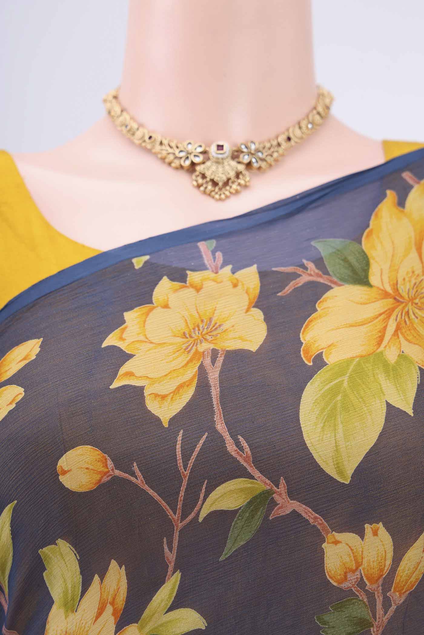 Border image of Navy Blue Dual Tone Mysore Crepe Saree with Floral Print on the body and Plain Border. 