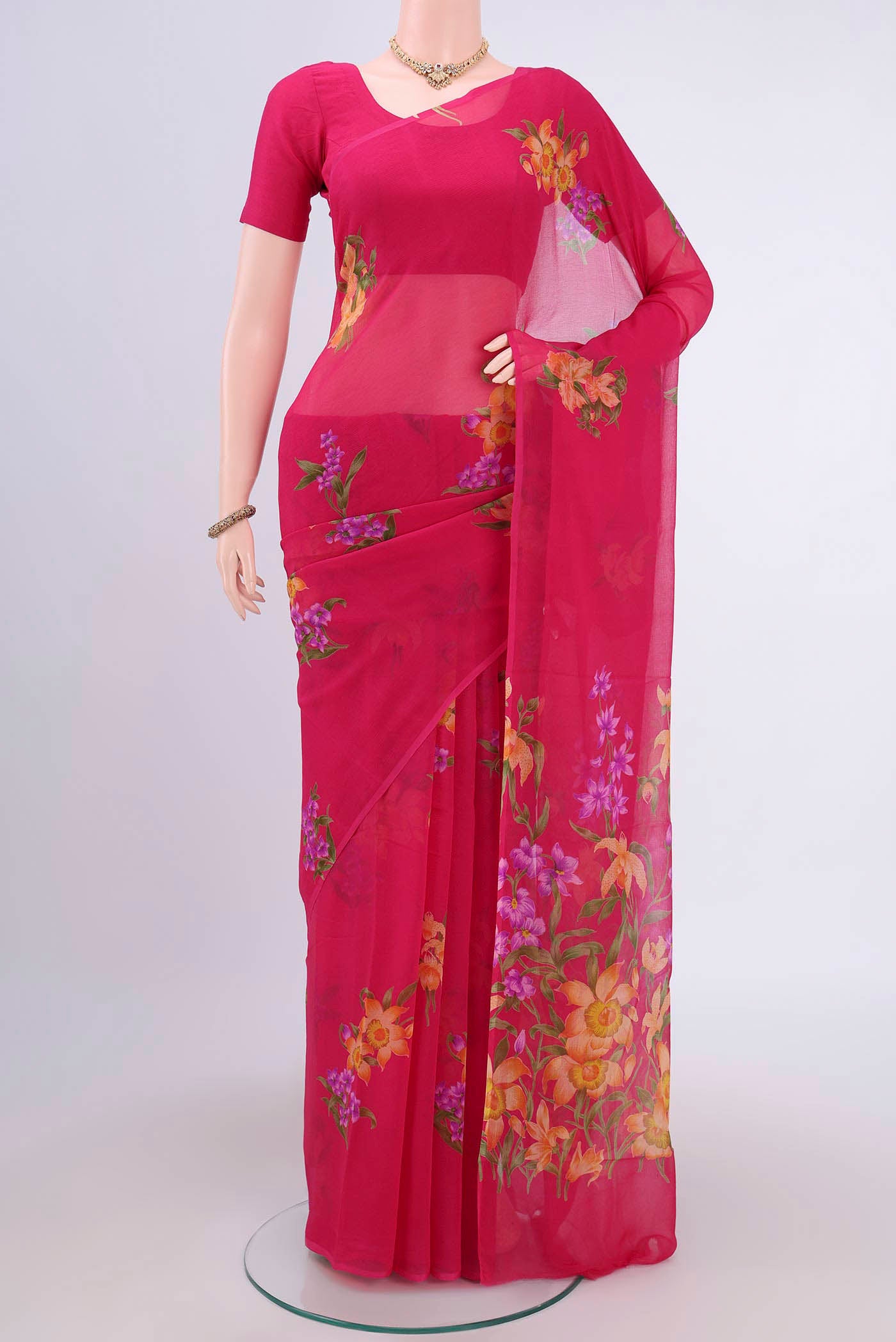 Rani Pink Dual Tone Mysore Crepe Saree with Half And Half on the body and Plain Border.  displayed on a mannequin