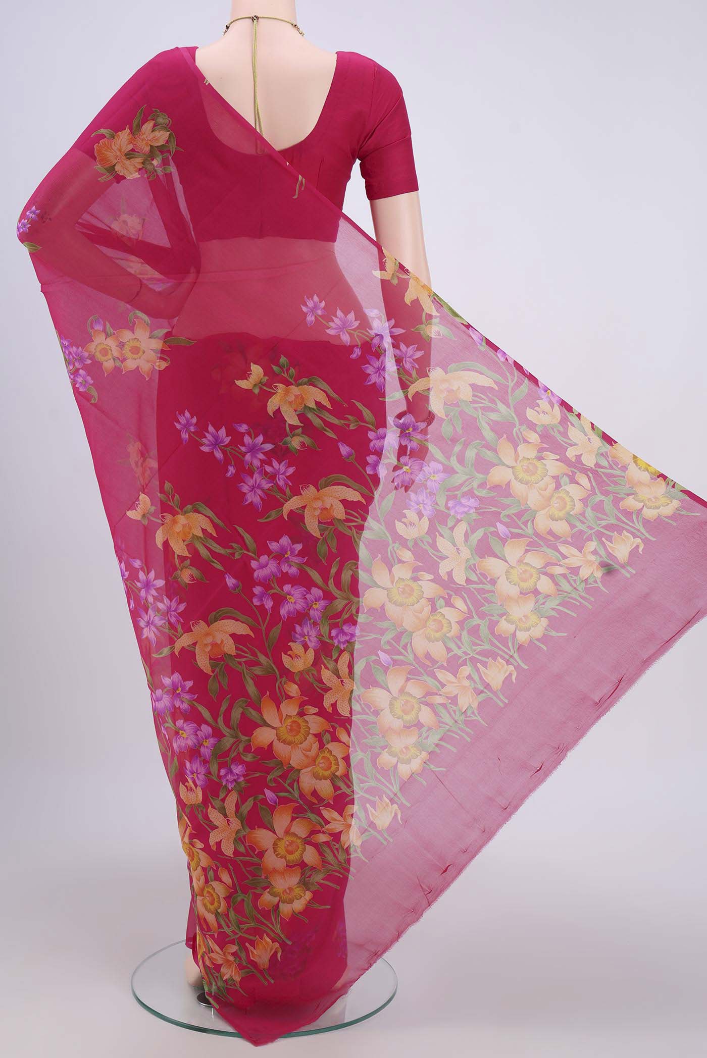 Flat view of Rani Pink Dual Tone Mysore Crepe Saree with Half And Half on the body and Plain Border. 