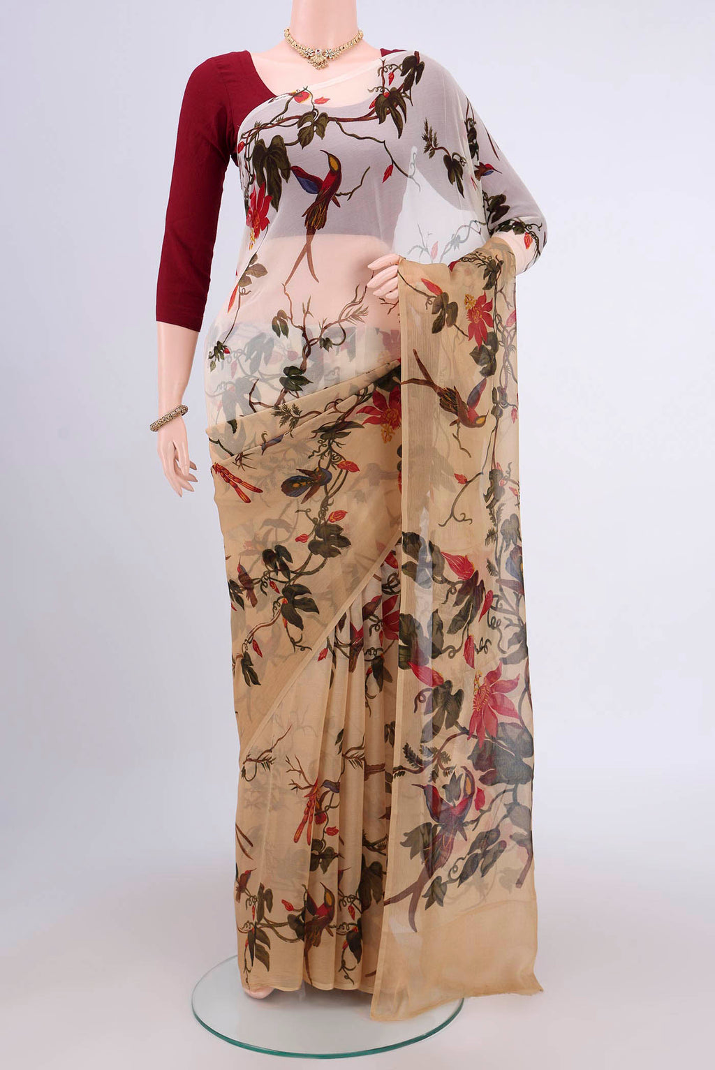 Beige Dual Tone Mysore Crepe Saree with Half And Half on the body and Plain Border.  displayed on a mannequin