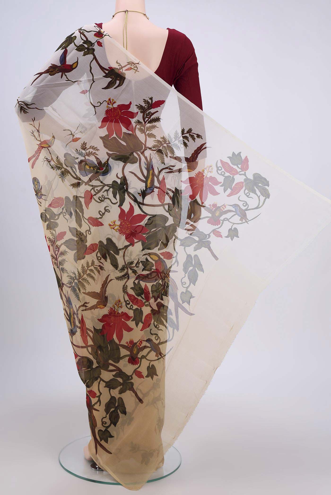 Flat view of Beige Dual Tone Mysore Crepe Saree with Half And Half on the body and Plain Border. 