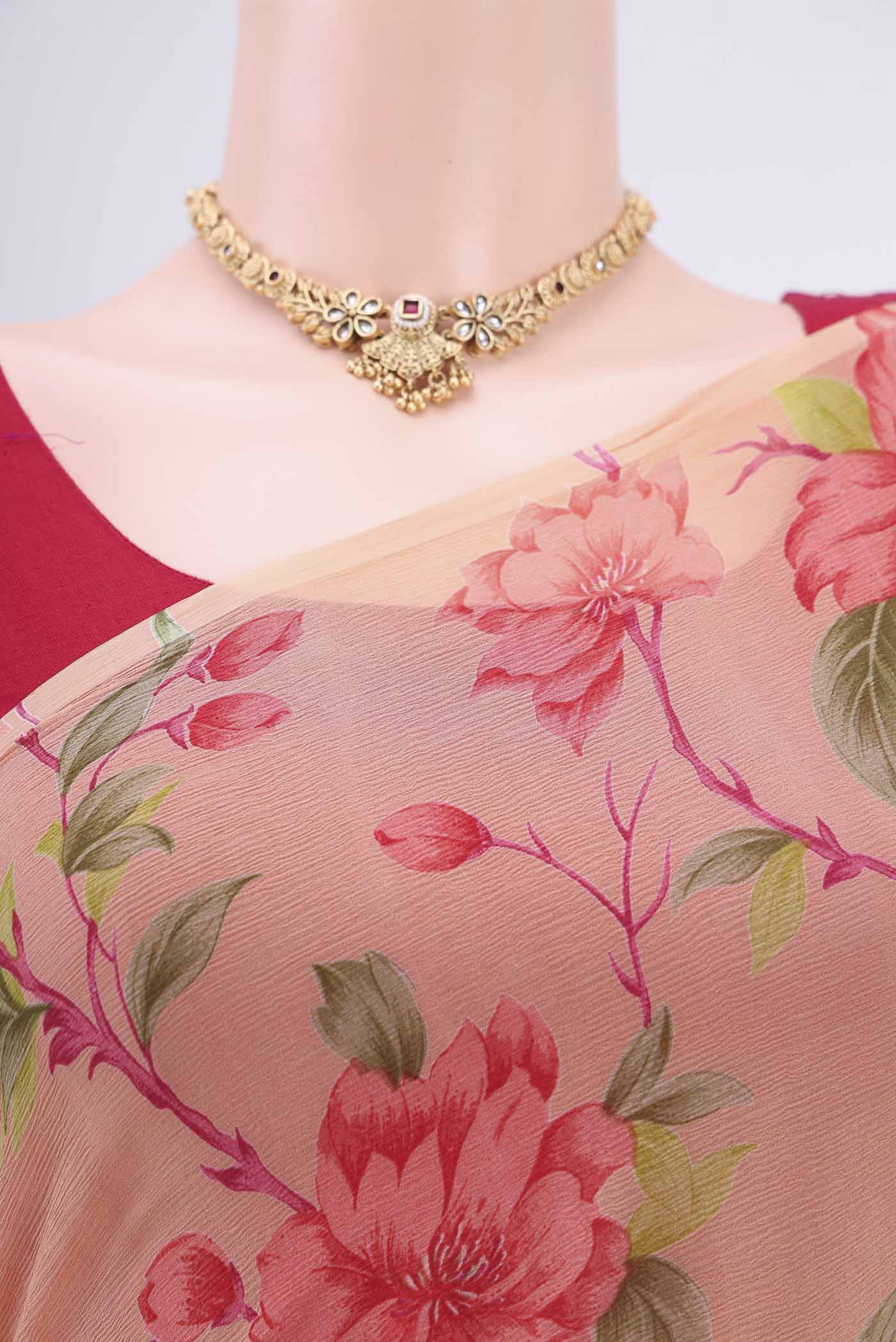 Border image of Peach Dual Tone Mysore Crepe Saree with Printed design on the body and Plain Border. 