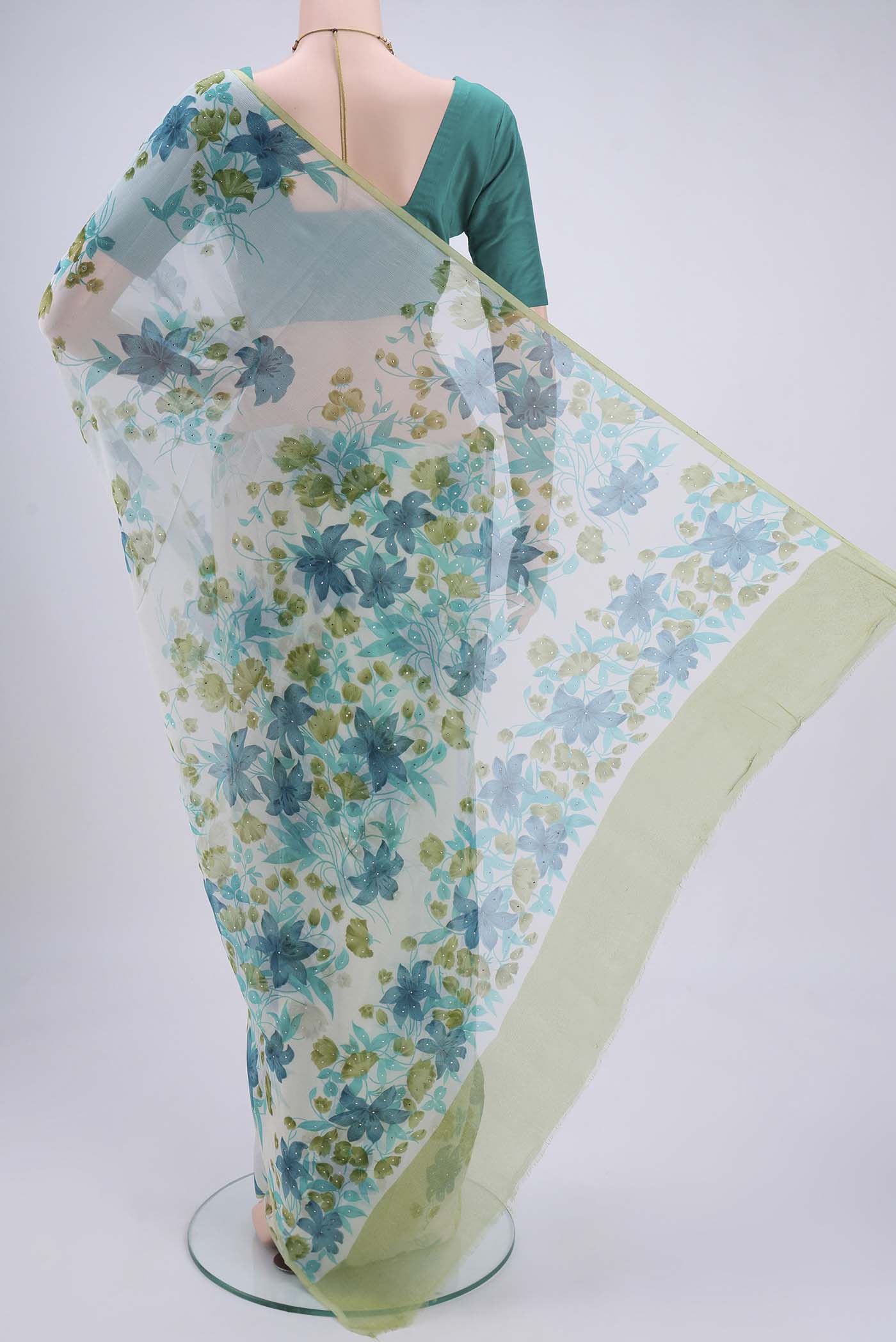 Flat view of White Mysore Chiffon Saree with Floral Print on the body and Without Border. 