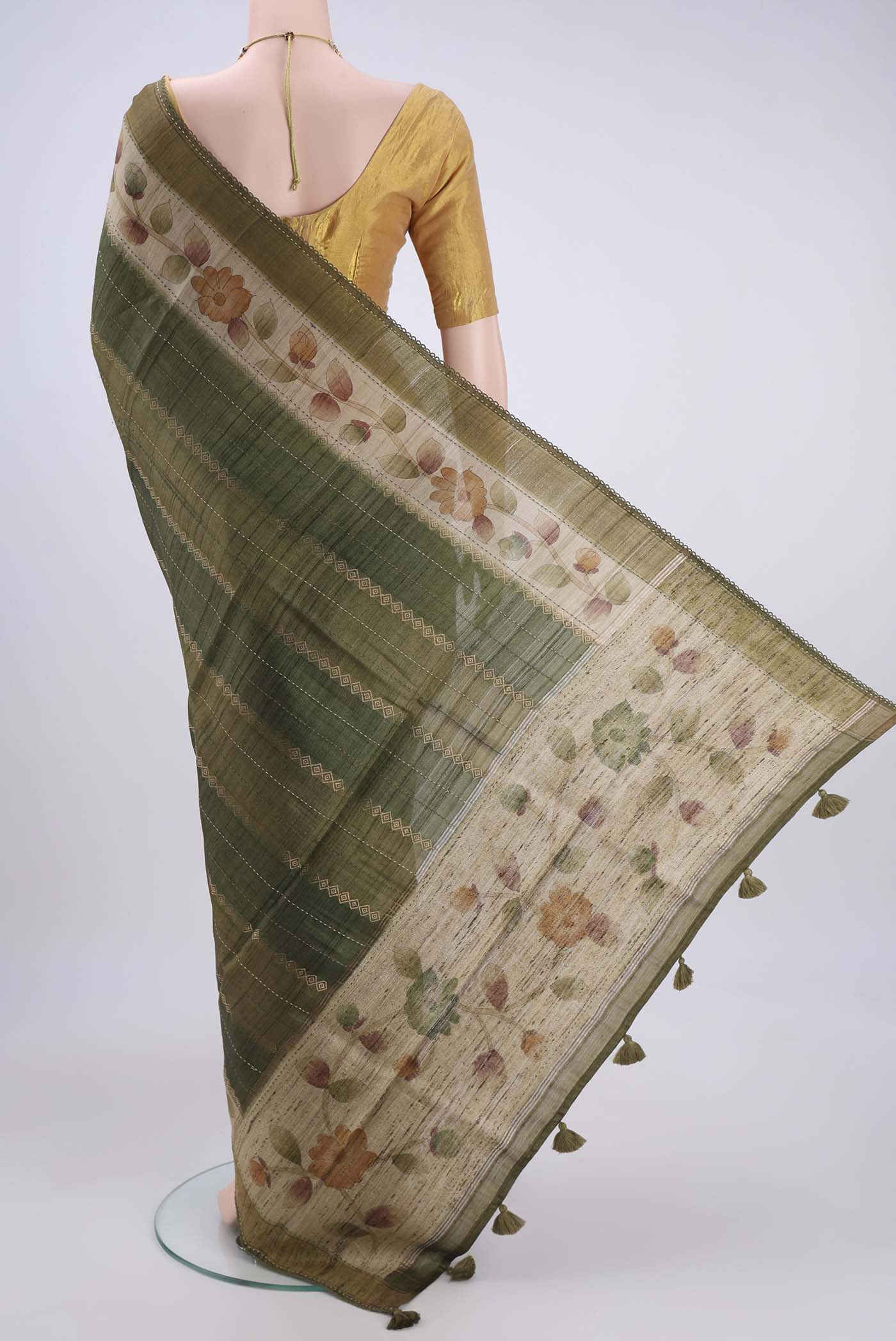 Flat view of Multi Color Tussar Silk Saree with Printed design on the body and Fancy Border. 