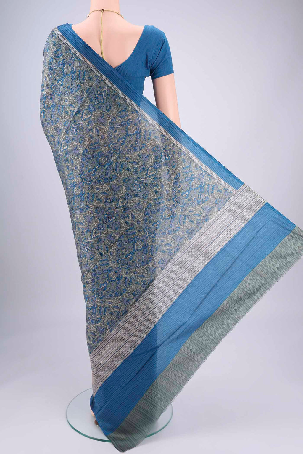 Flat view of Davys Grey Printed Silk Saree with Floral Print on the body and Printed Border. 