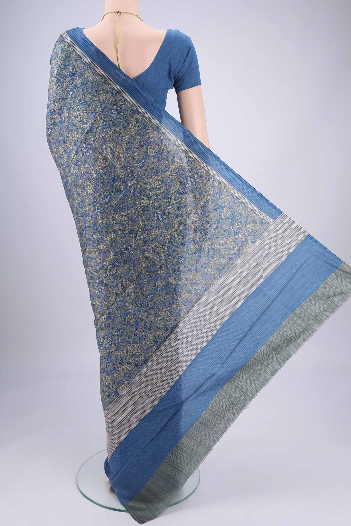 Flat view of Davys Grey Printed Silk Saree with Floral Print on the body and Printed Border. 