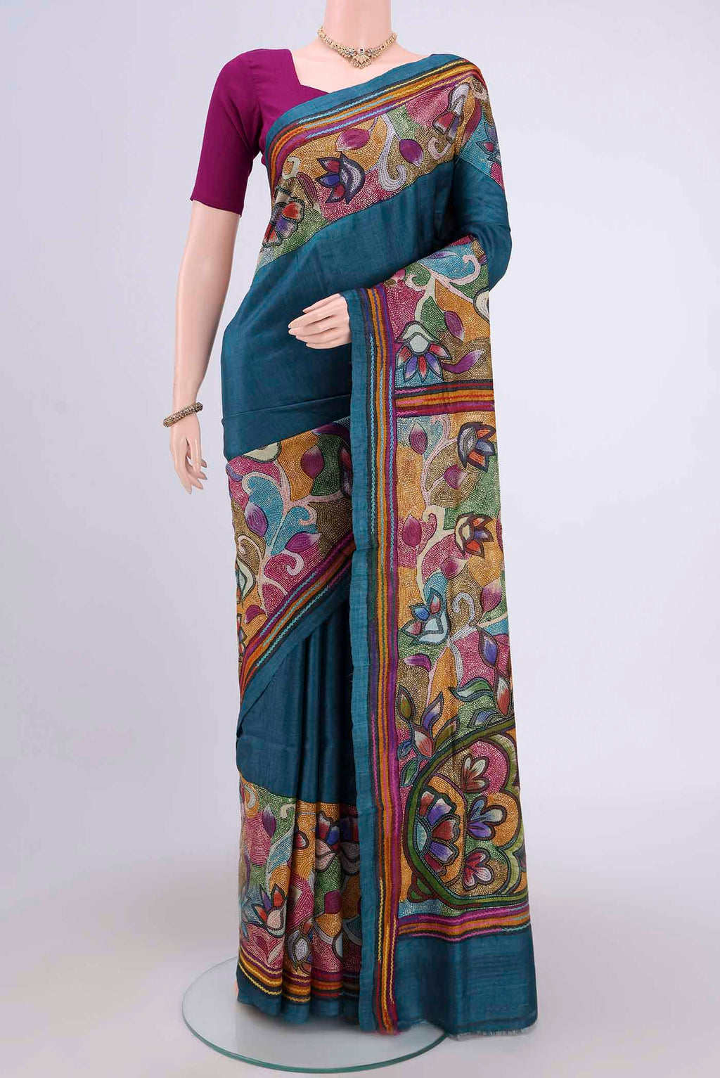 Sea Green Kantha Silk Saree with Kantha Work on the body and Thread Border.  displayed on a mannequin