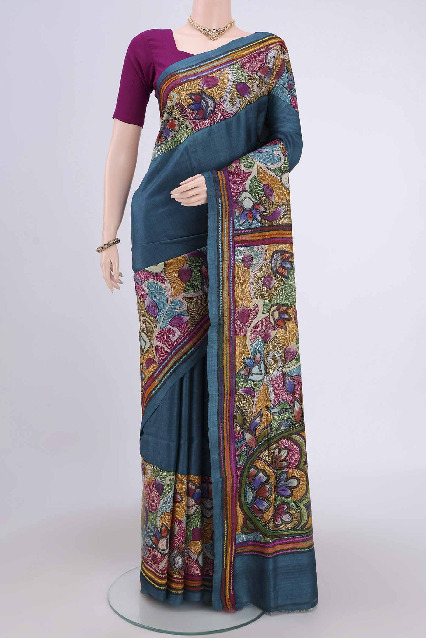 Sea Green Kantha Silk Saree with Kantha Work on the body and Thread Border.  displayed on a mannequin