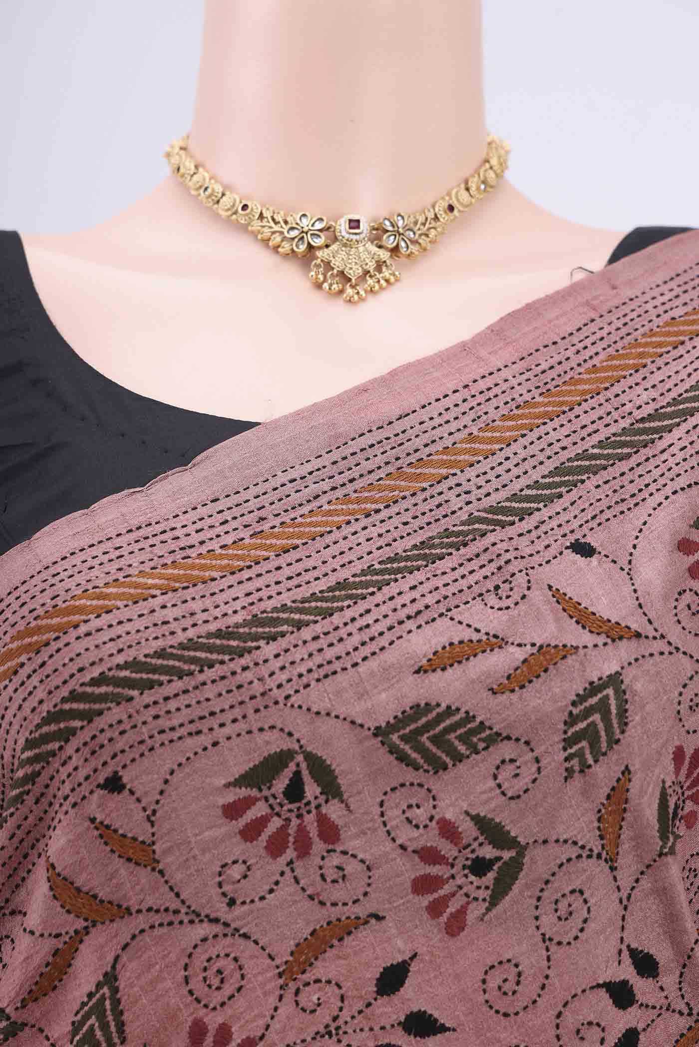Border image of Coral Kantha Silk Saree with Kantha Work on the body and Thread Border. 