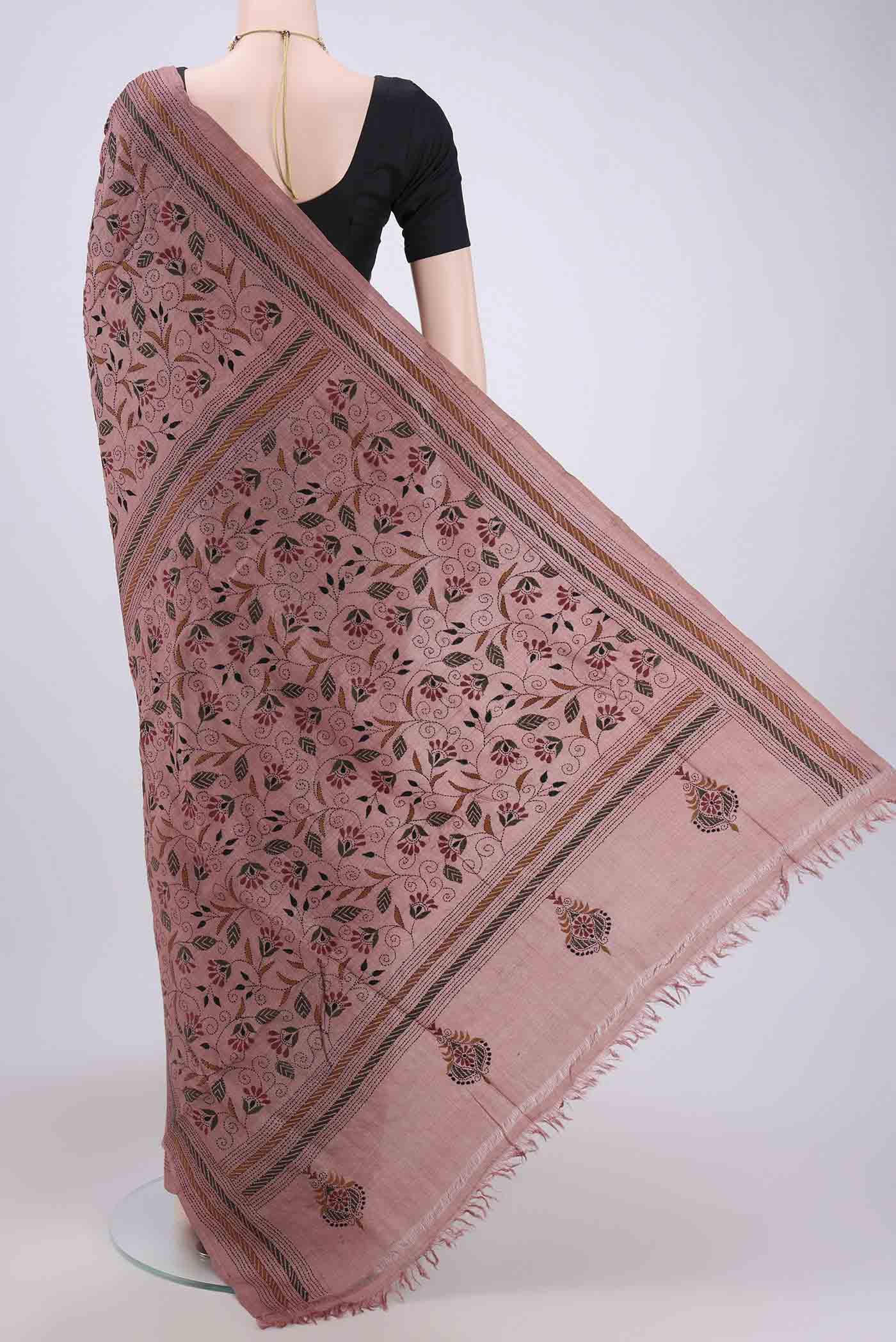 Flat view of Coral Kantha Silk Saree with Kantha Work on the body and Thread Border. 