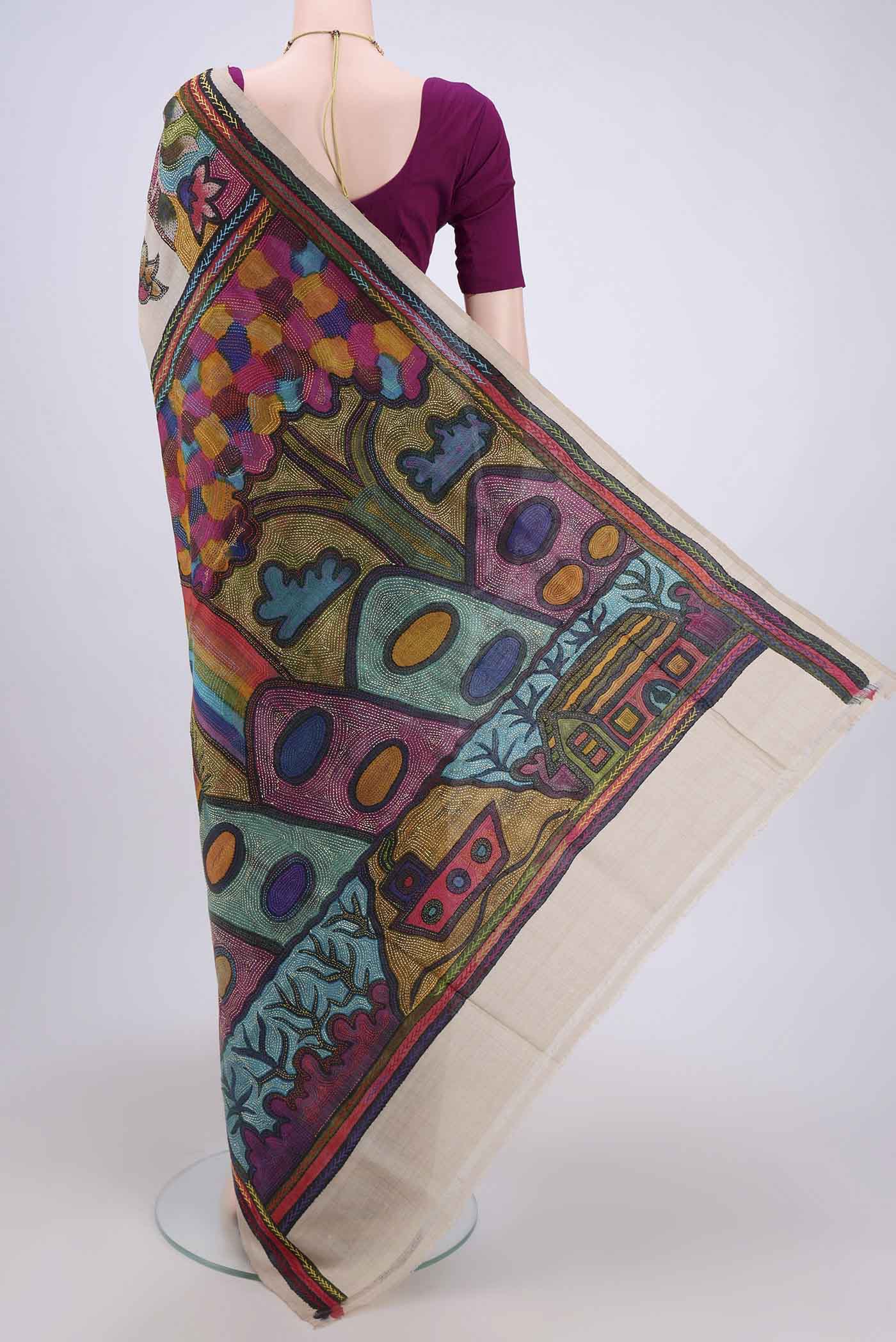 Flat view of Beige Kantha Silk Saree with Kantha Work on the body and Thread Border. 