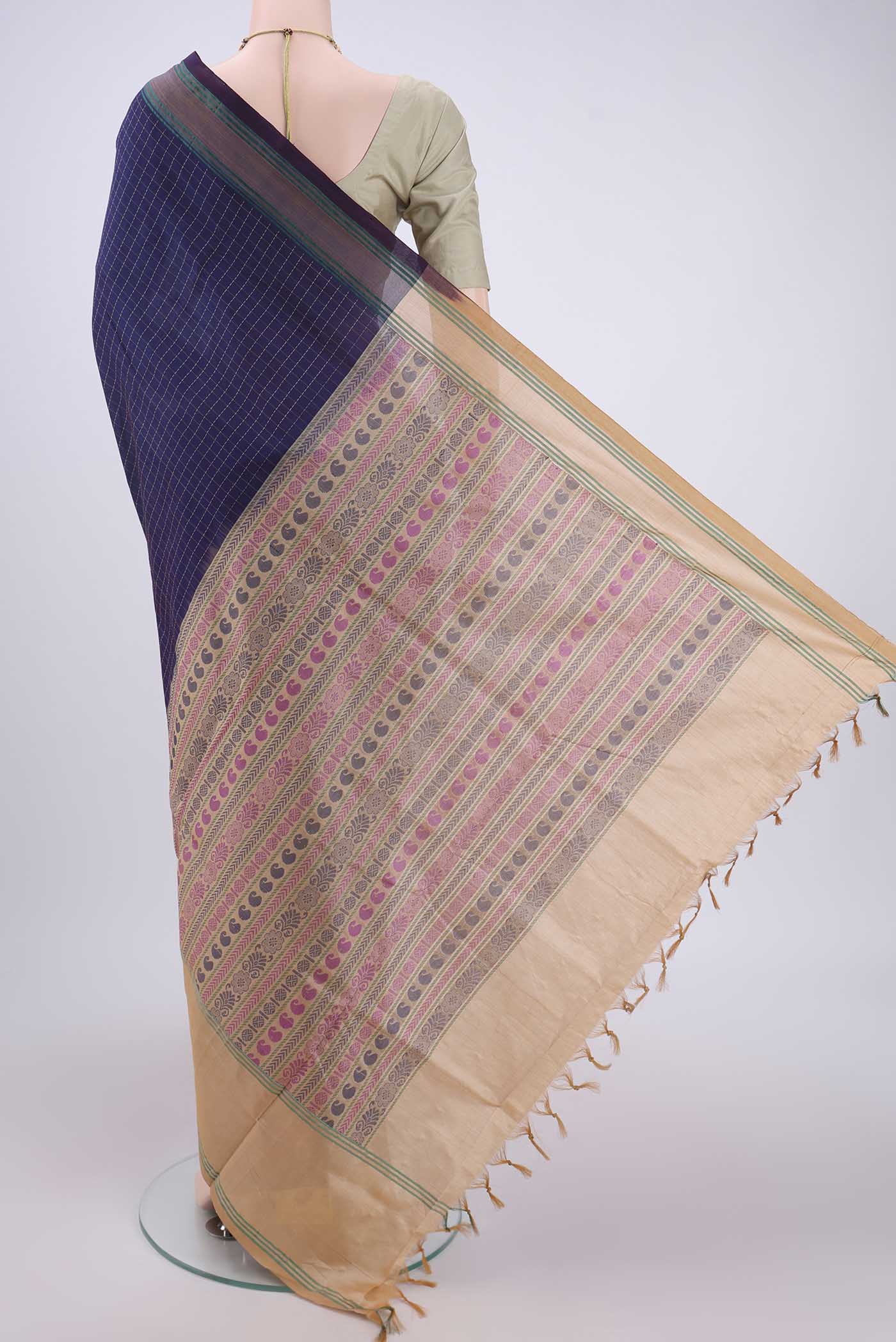 Flat view of Burgundy Blended Poly Cotton Saree with Checked design on the body and Thread Border. 