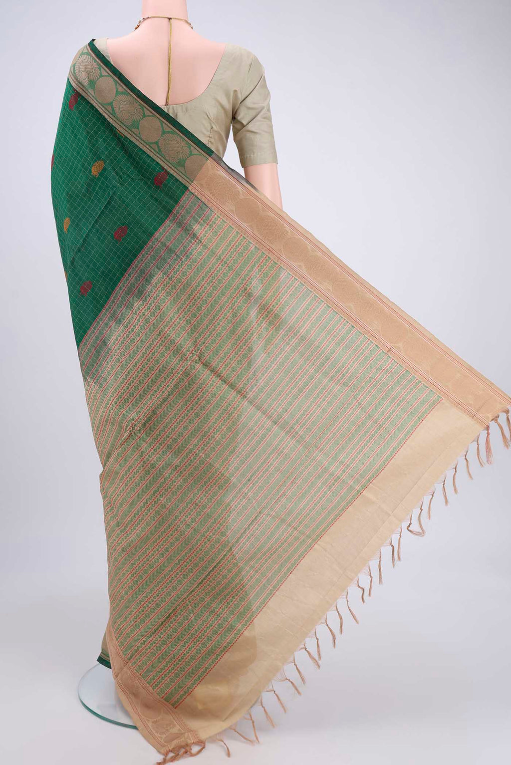 Flat view of Bottle Green Blended Poly Cotton Saree with Checked design on the body and Thread Border. 
