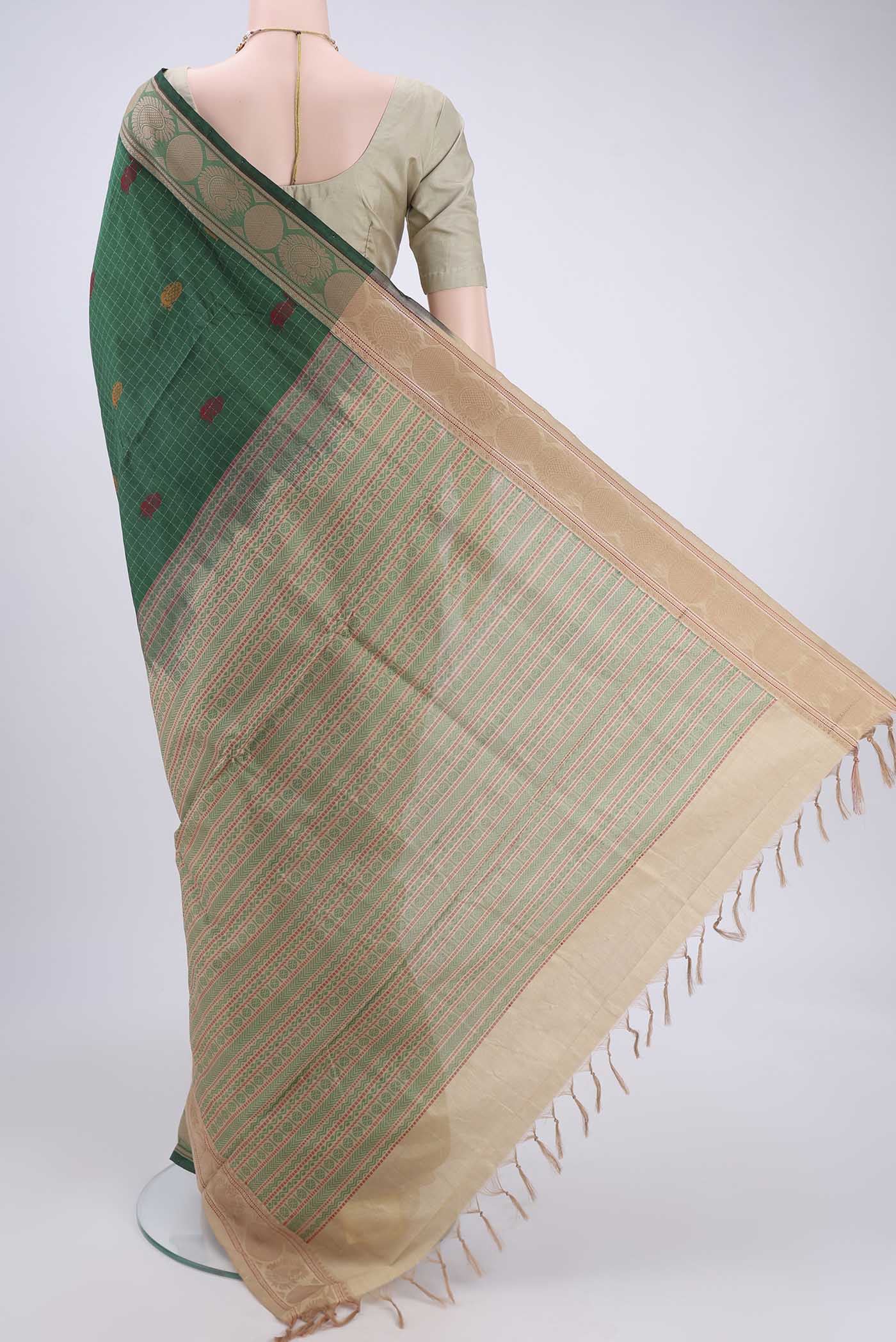 Flat view of Bottle Green Blended Poly Cotton Saree with Checked design on the body and Thread Border. 