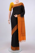 Black Blended Poly Cotton Saree with Stripes on the body and Thread Border.  displayed on a mannequin