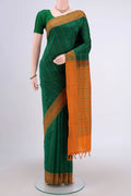 Green Blended Silk Cotton Saree with Stripes on the body and Thread Border.  displayed on a mannequin