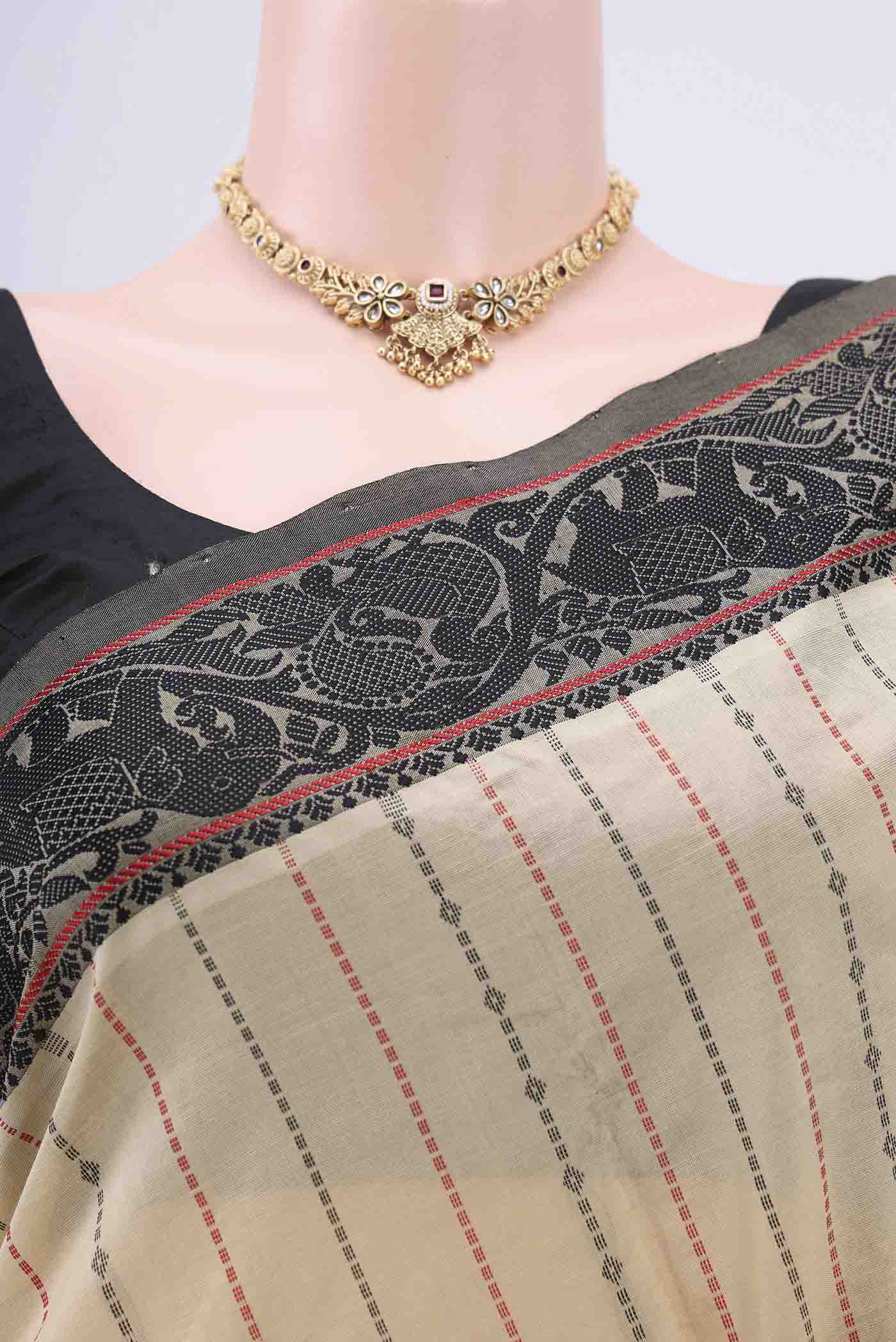 Border image of Beige Blended Silk Cotton Saree with Stripes on the body and Thread Border. 