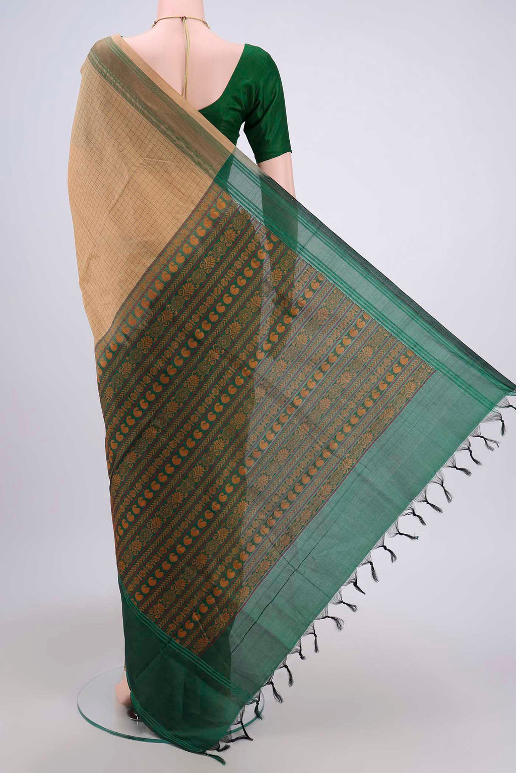 Flat view of Beige Blended Silk Cotton Saree with Checked design on the body and Thread Border. 