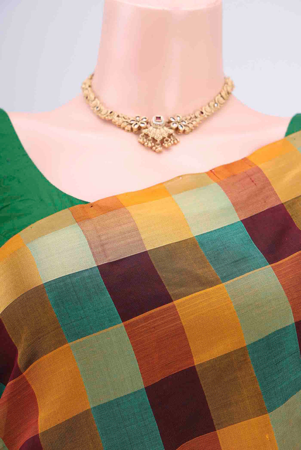 Border image of Multi Color Blended Poly Cotton Saree with Checked design on the body and Zari Border. 