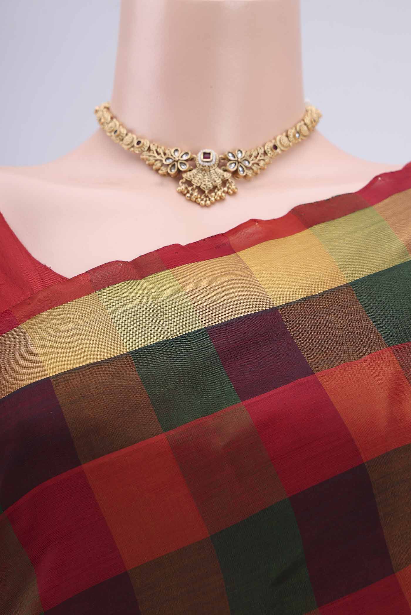 Border image of Multi Color Blended Coimbatore Silk Cotton Saree with Checked design on the body and Zari Border. 