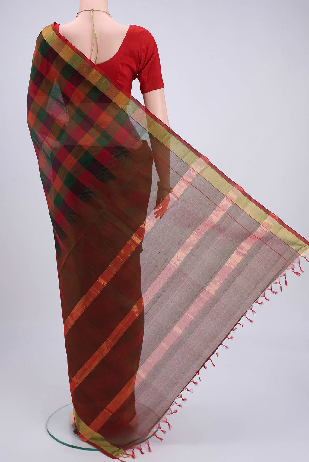 Flat view of Multi Color Blended Coimbatore Silk Cotton Saree with Checked design on the body and Zari Border. 