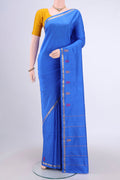 Blue Kanchipuram Saree with Plain Body and Zari And Thread Border.  displayed on a mannequin