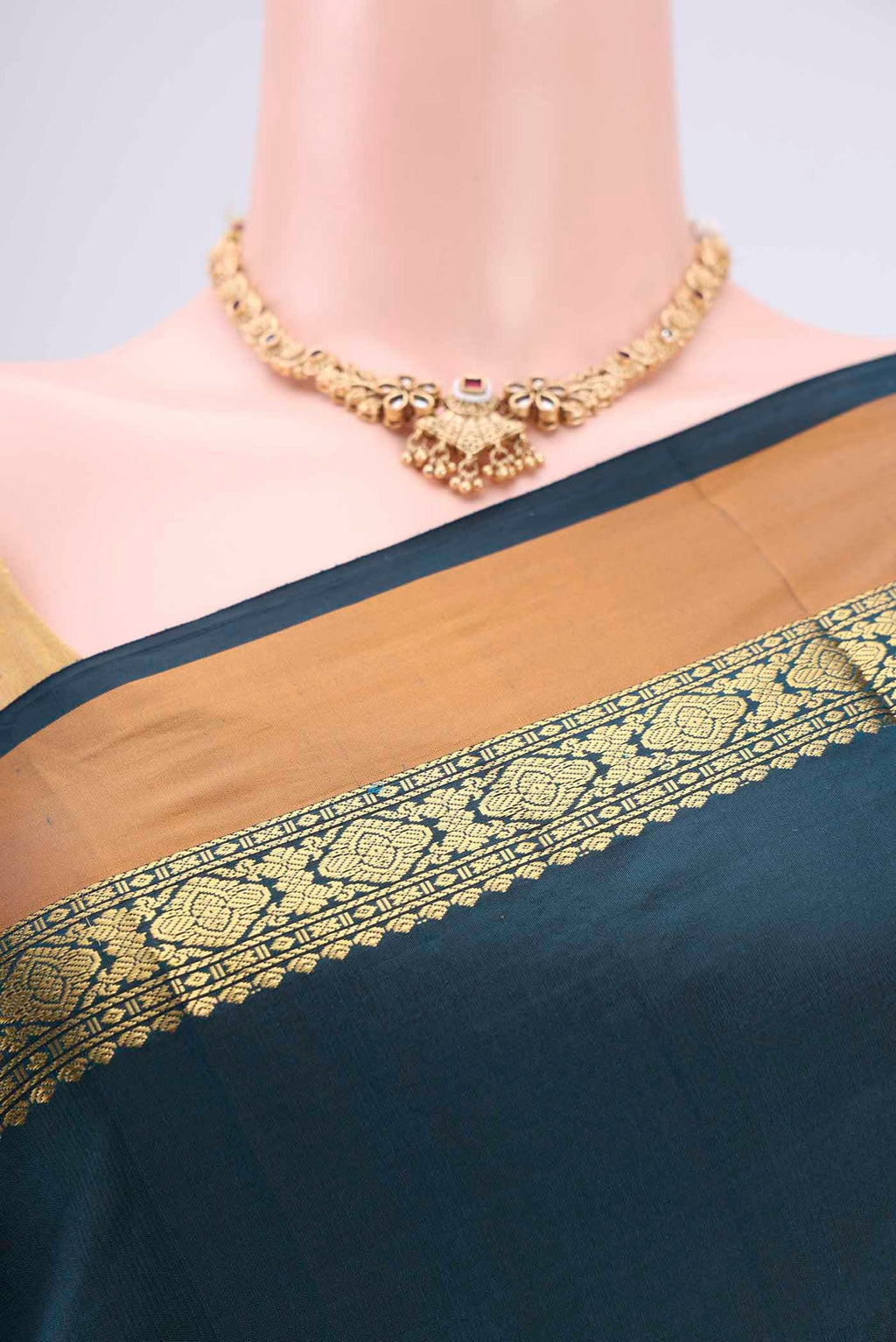 Border image of Bottle Green Blended Bangalore Silk Saree with Zari Butta on the body and Zari Border. 