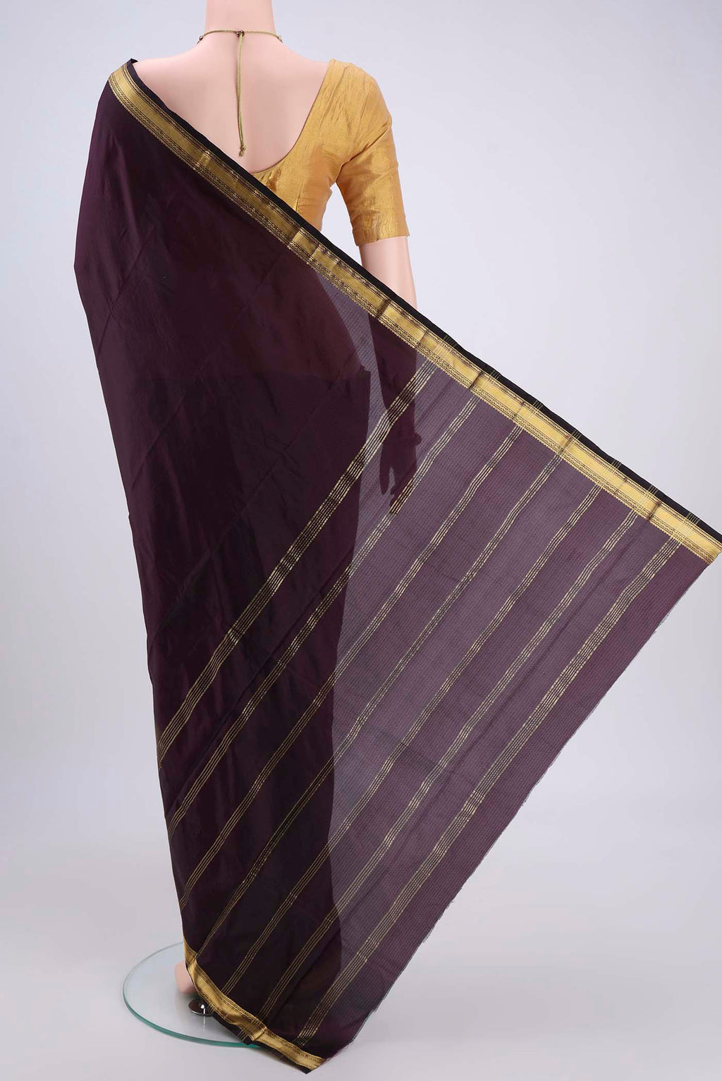 Flat view of Coffee Brown Blended Bangalore Silk Saree with Zari Butta on the body and Zari Border. 
