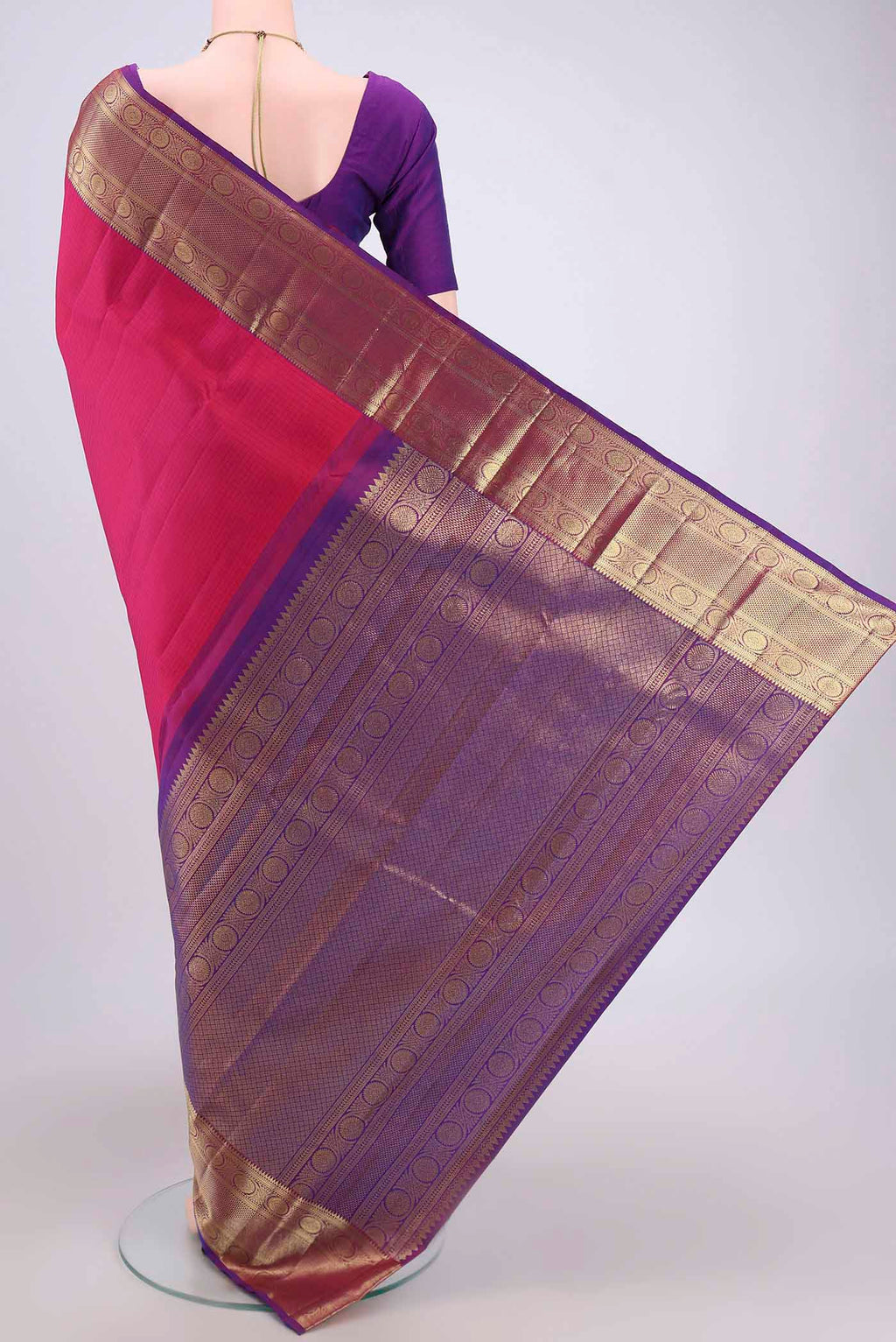 Flat view of Dark Pink Kanjivaram Saree with Checked design on the body and Zari Border. 