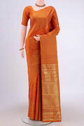 Mustard Dual Tone Kanjivaram Silk Saree with Zari Butta on the body and Zari Border.  displayed on a mannequin