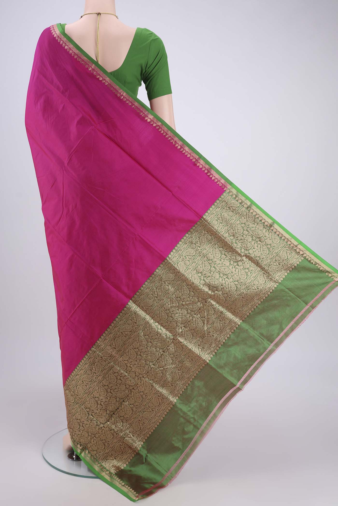 Flat view of Pink Banarasi Katan Silk Saree with Zari Butta on the body and Zari Border. 