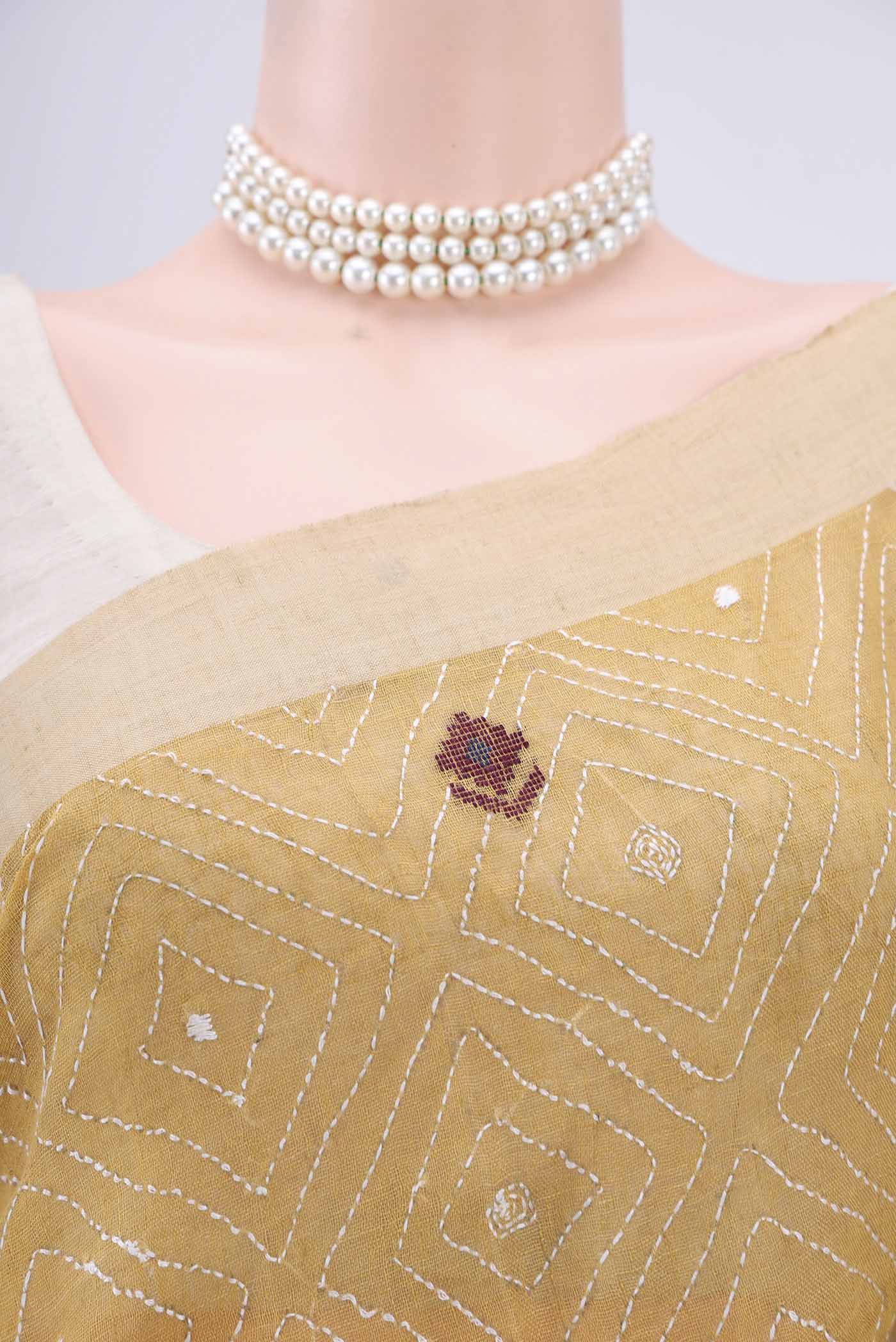 Border image of Mustard Bengal Cotton - Kantha Saree with Kantha Work on the body and Thread Border. 