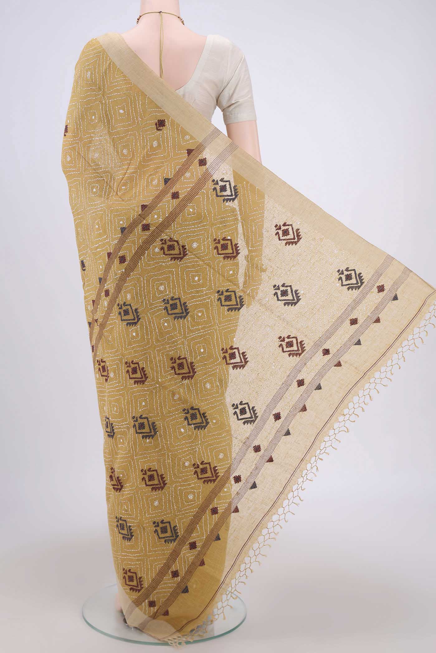 Flat view of Mustard Bengal Cotton - Kantha Saree with Kantha Work on the body and Thread Border. 