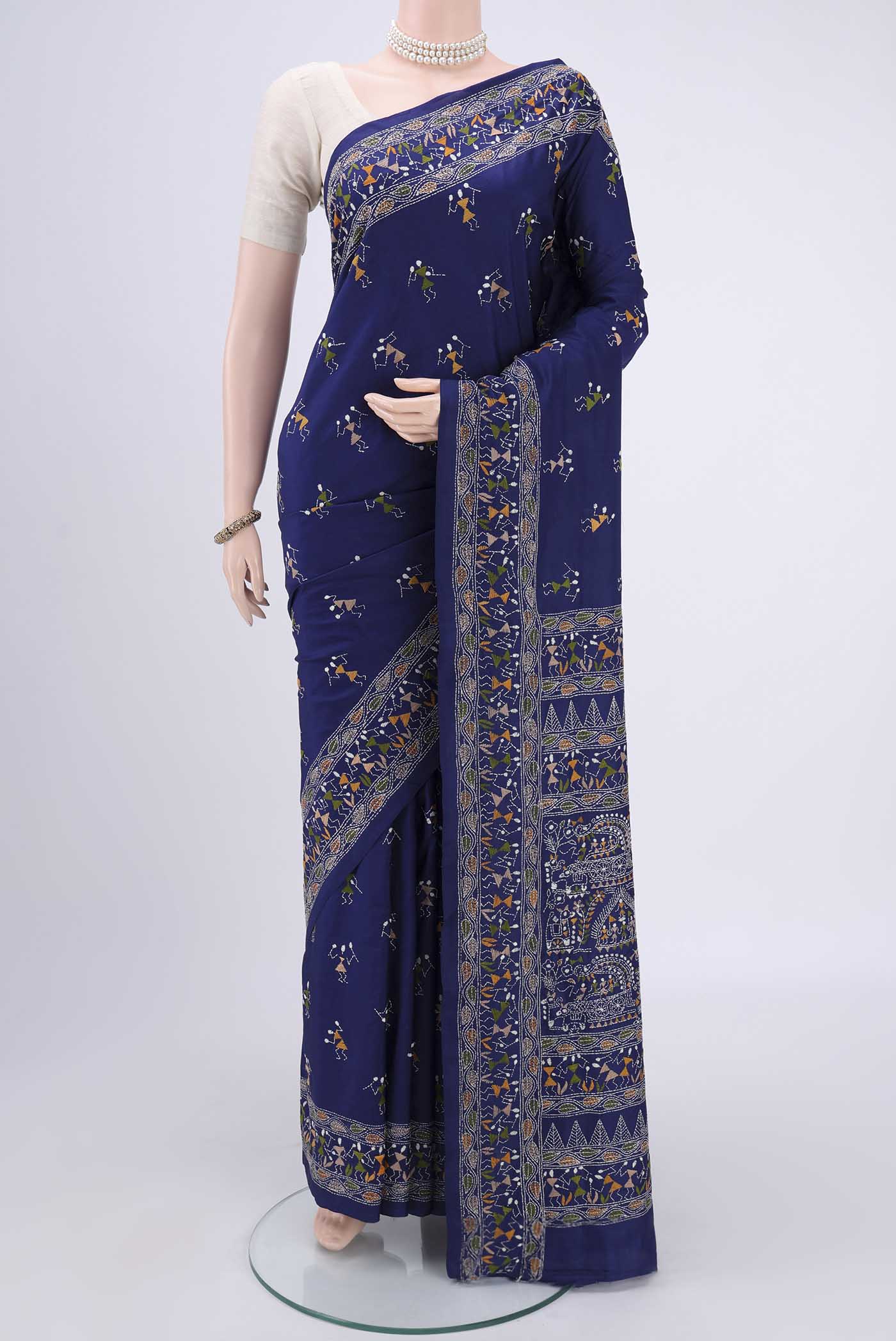 Navy Blue Kantha Silk Saree with Kantha Work on the body and Thread Border.  displayed on a mannequin
