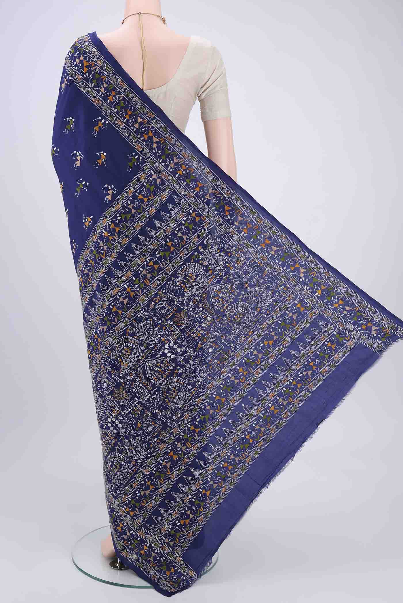 Flat view of Navy Blue Kantha Silk Saree with Kantha Work on the body and Thread Border. 
