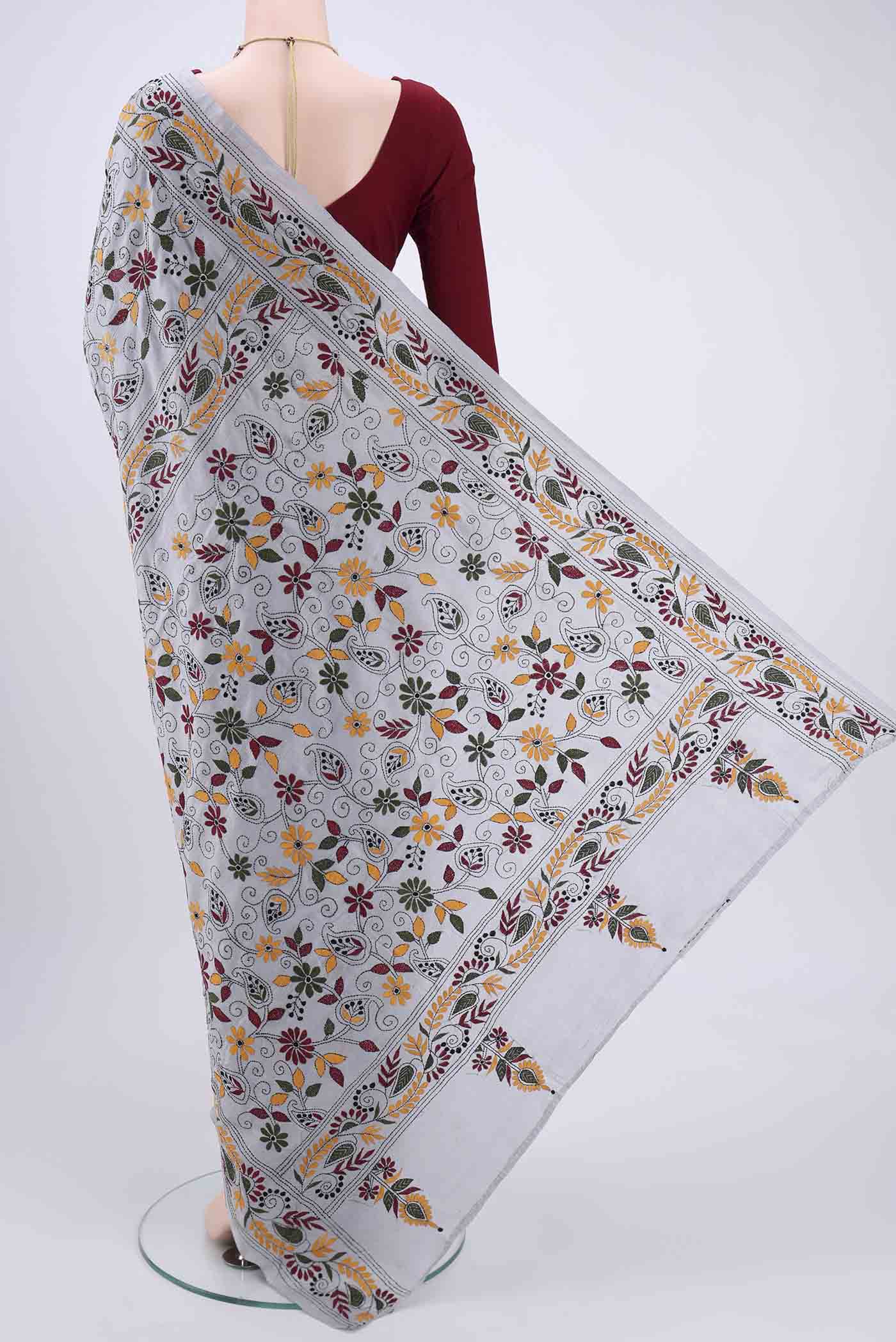 Flat view of Grey Kantha Silk Saree with Kantha Work on the body and Thread Border. 