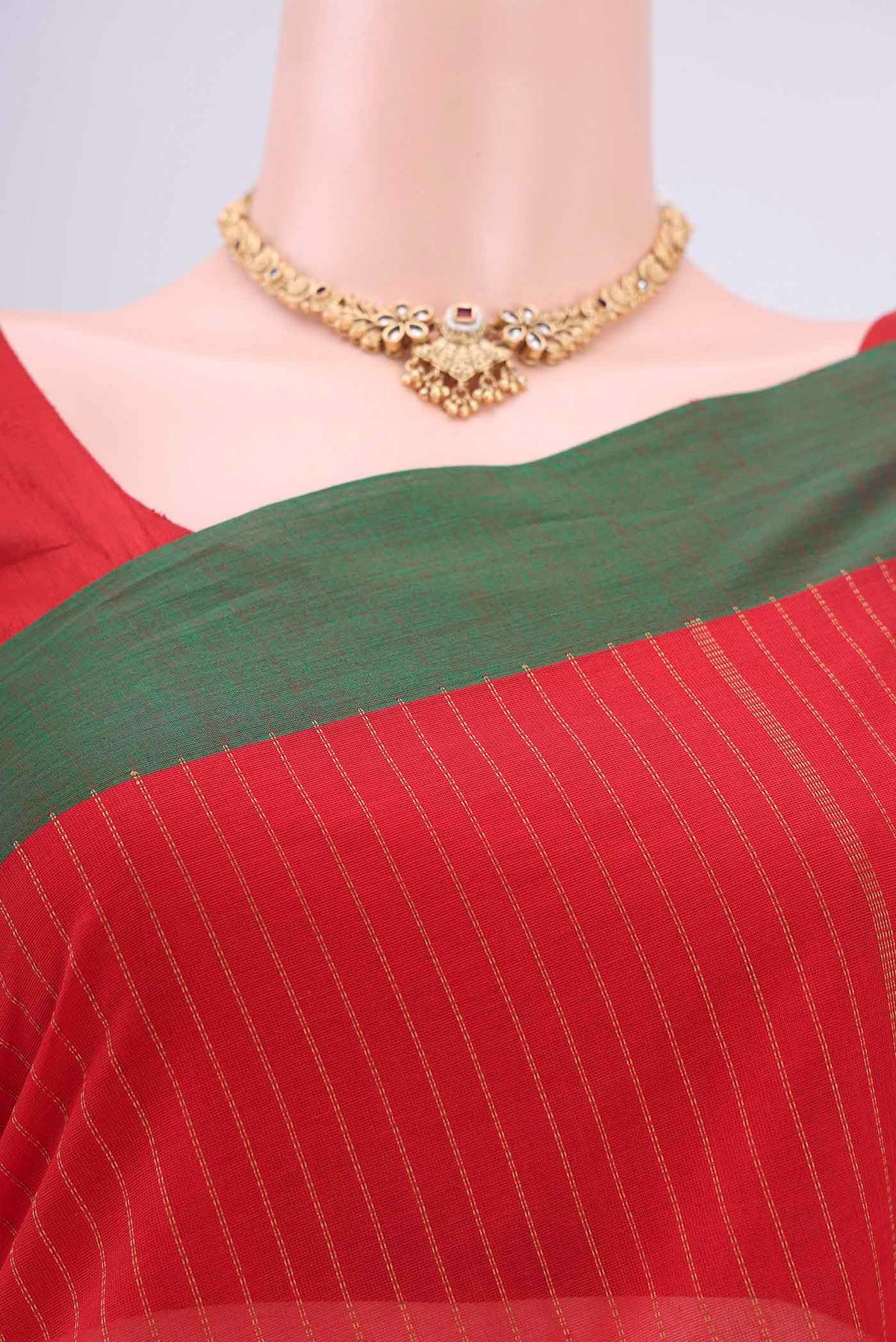 Border image of Red Coimbatore Cotton Saree with Stripes on the body and Zari Border. 