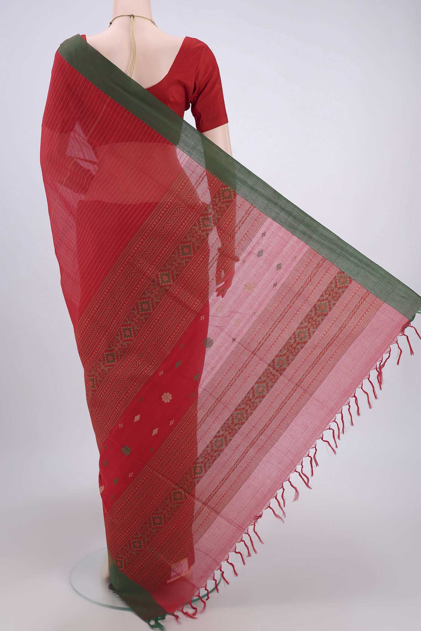 Flat view of Red Coimbatore Cotton Saree with Stripes on the body and Zari Border. 