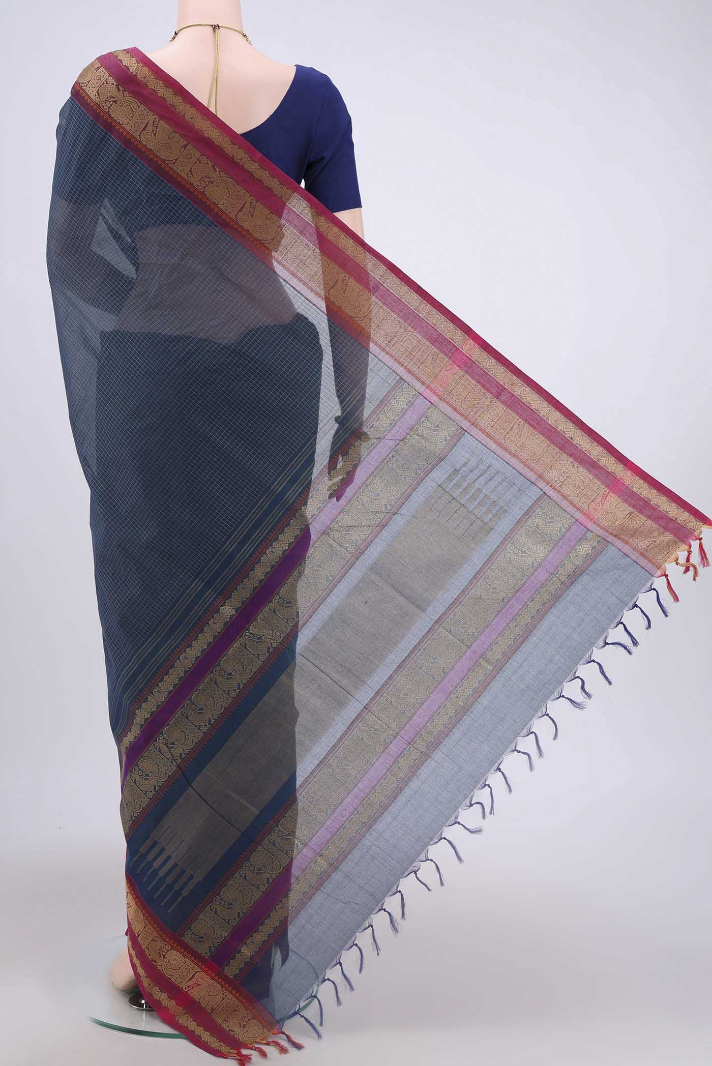 Flat view of Blue Coimbatore Cotton Saree with Checked design on the body and Plain Border. 