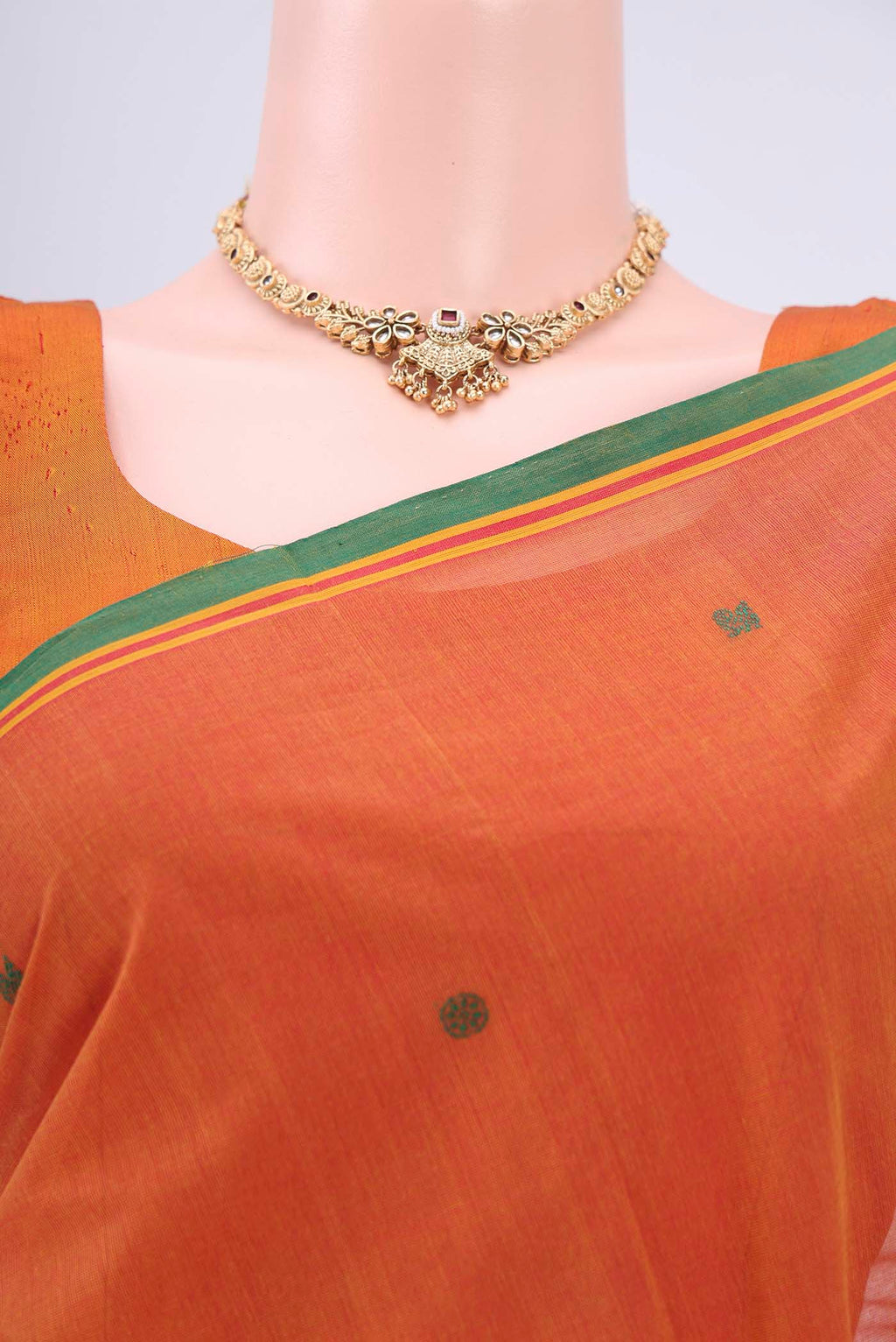 Border image of Mustard Coimbatore Cotton Saree with Thread Butta on the body and Zari Border. 