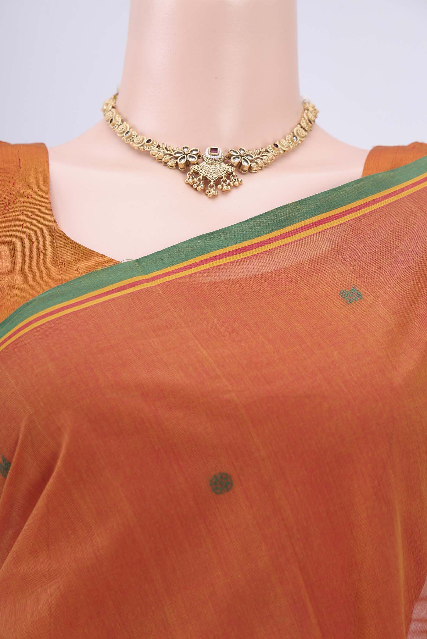 Border image of Mustard Coimbatore Cotton Saree with Thread Butta on the body and Zari Border. 