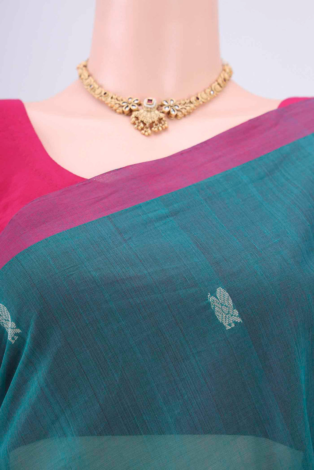 Border image of Sea Green Coimbatore Cotton Saree with Thread Butta on the body and Zari Border. 