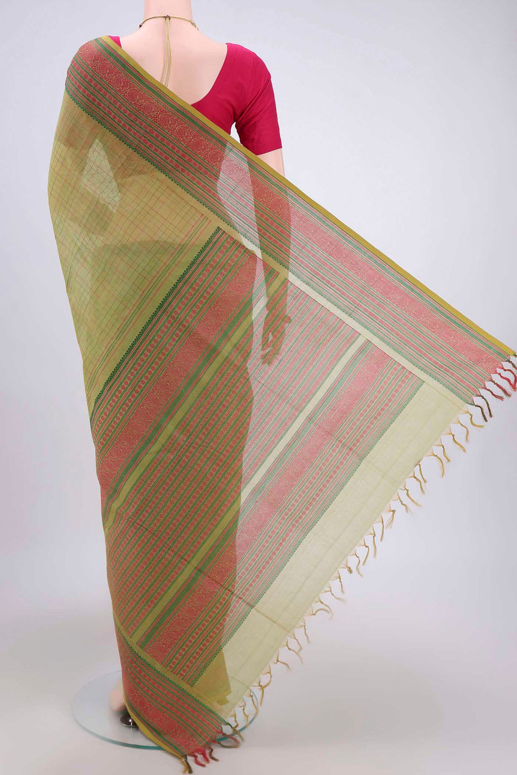 Flat view of Mehandi Green Coimbatore Cotton Saree with Checked design on the body and Zari Border. 