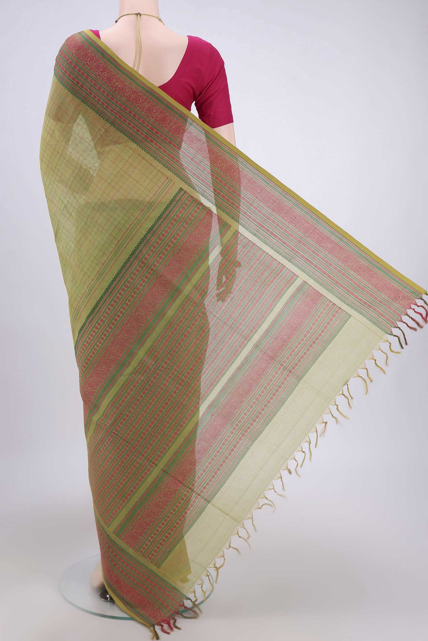 Flat view of Mehandi Green Coimbatore Cotton Saree with Checked design on the body and Zari Border. 