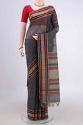 Grey Kanchi Cotton Saree with Plain Body and Thread Border.  displayed on a mannequin