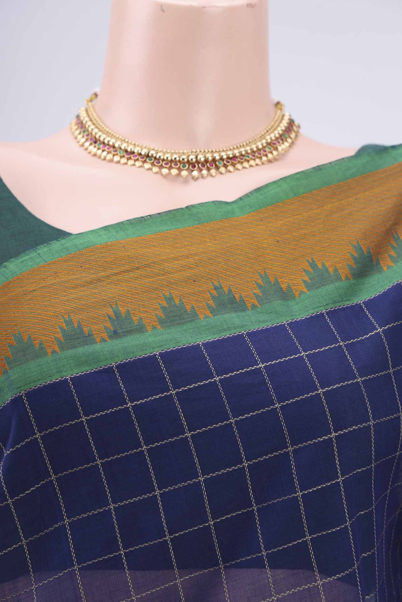 Border image of Royal Blue Kanchi Cotton Saree with Checked design on the body and Thread Border. 