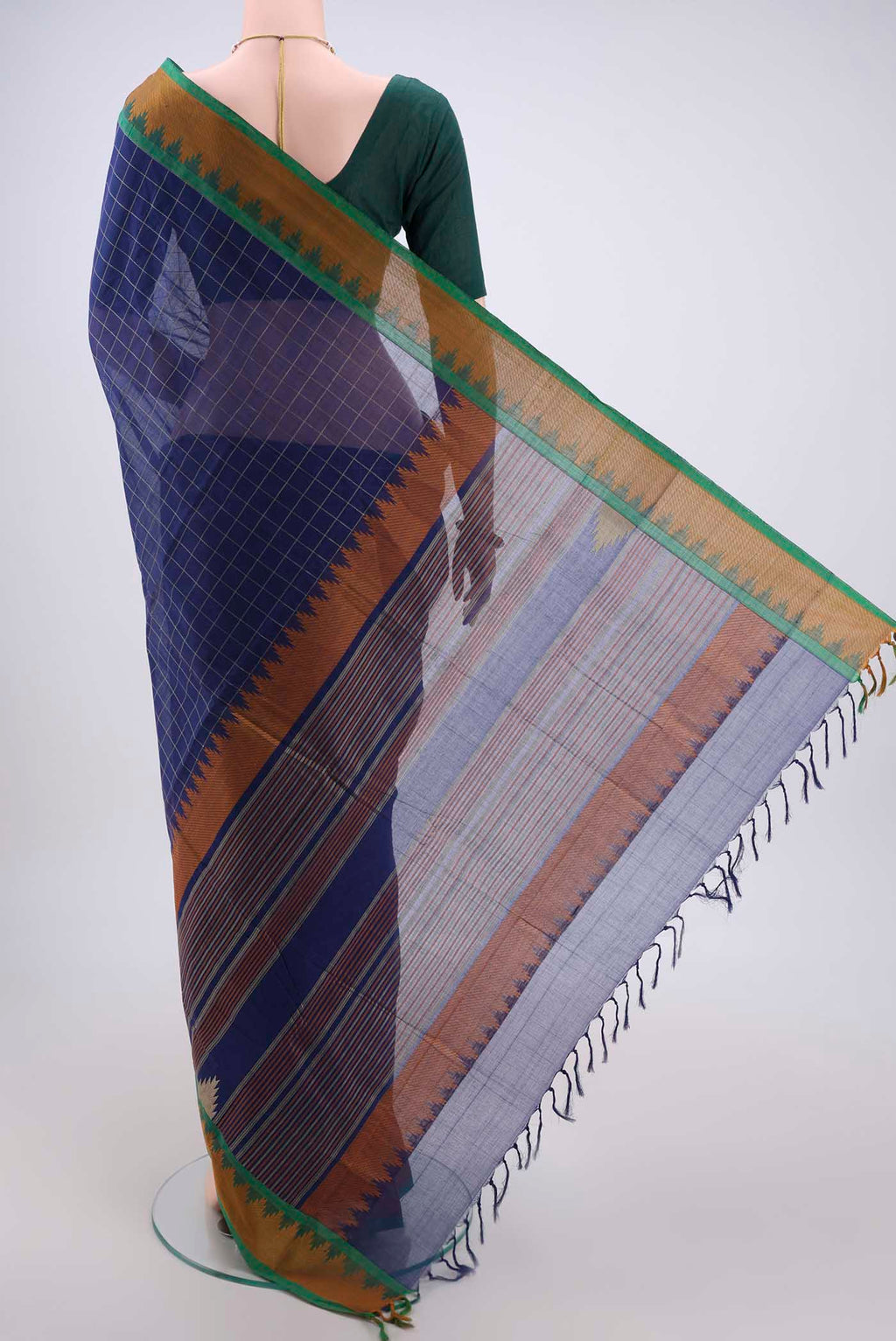 Flat view of Royal Blue Kanchi Cotton Saree with Checked design on the body and Thread Border. 