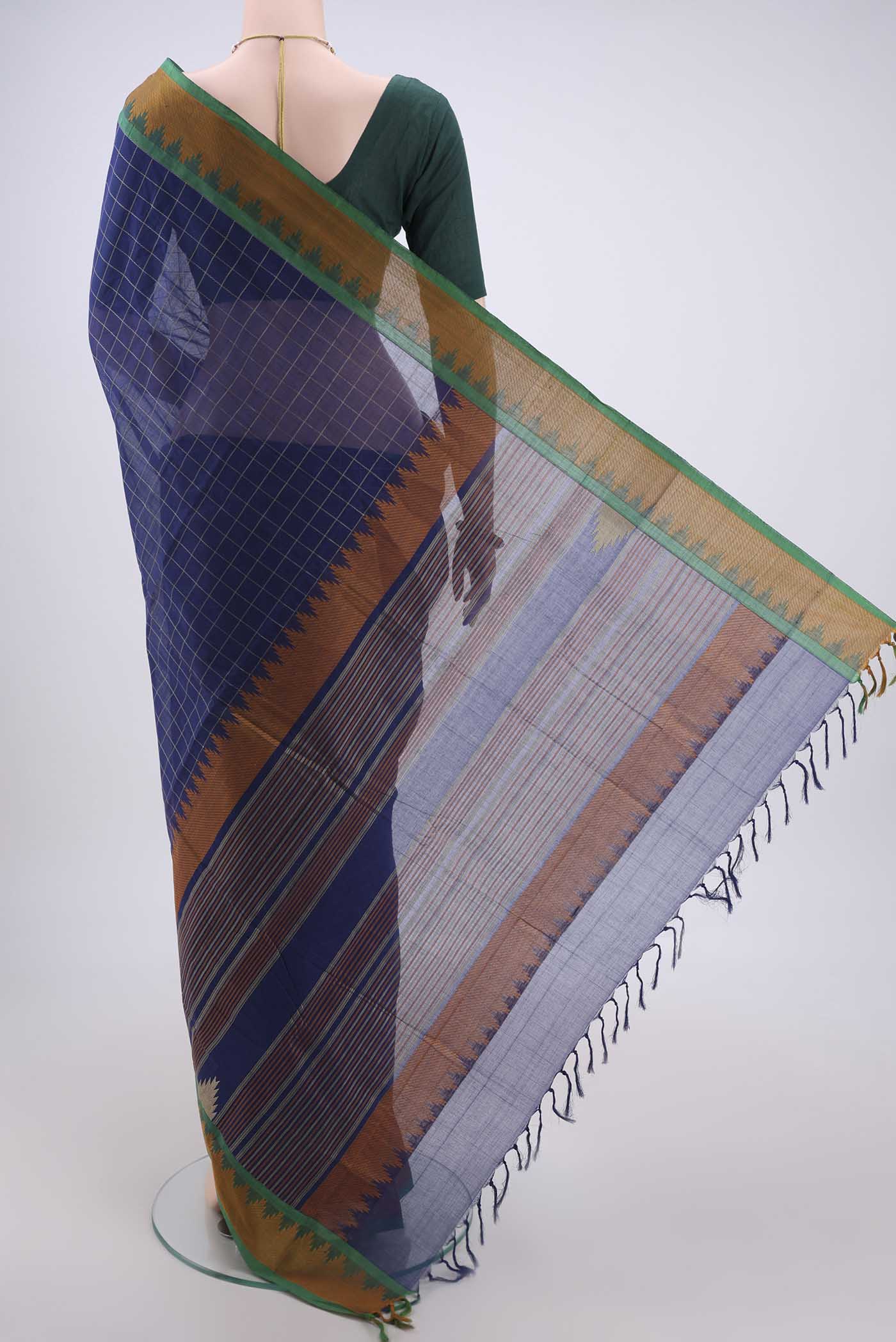 Flat view of Royal Blue Kanchi Cotton Saree with Checked design on the body and Thread Border. 